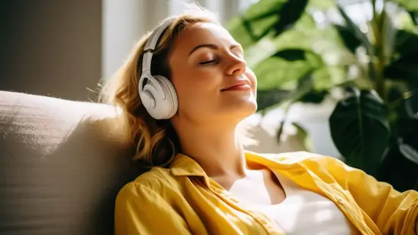 Mujer disfrutando de un momento de paz con música relajante en el sofá.