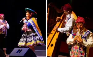 Vista general de Cusco con músicos locales tocando instrumentos tradicionales y turistas disfrutando de la cultura.